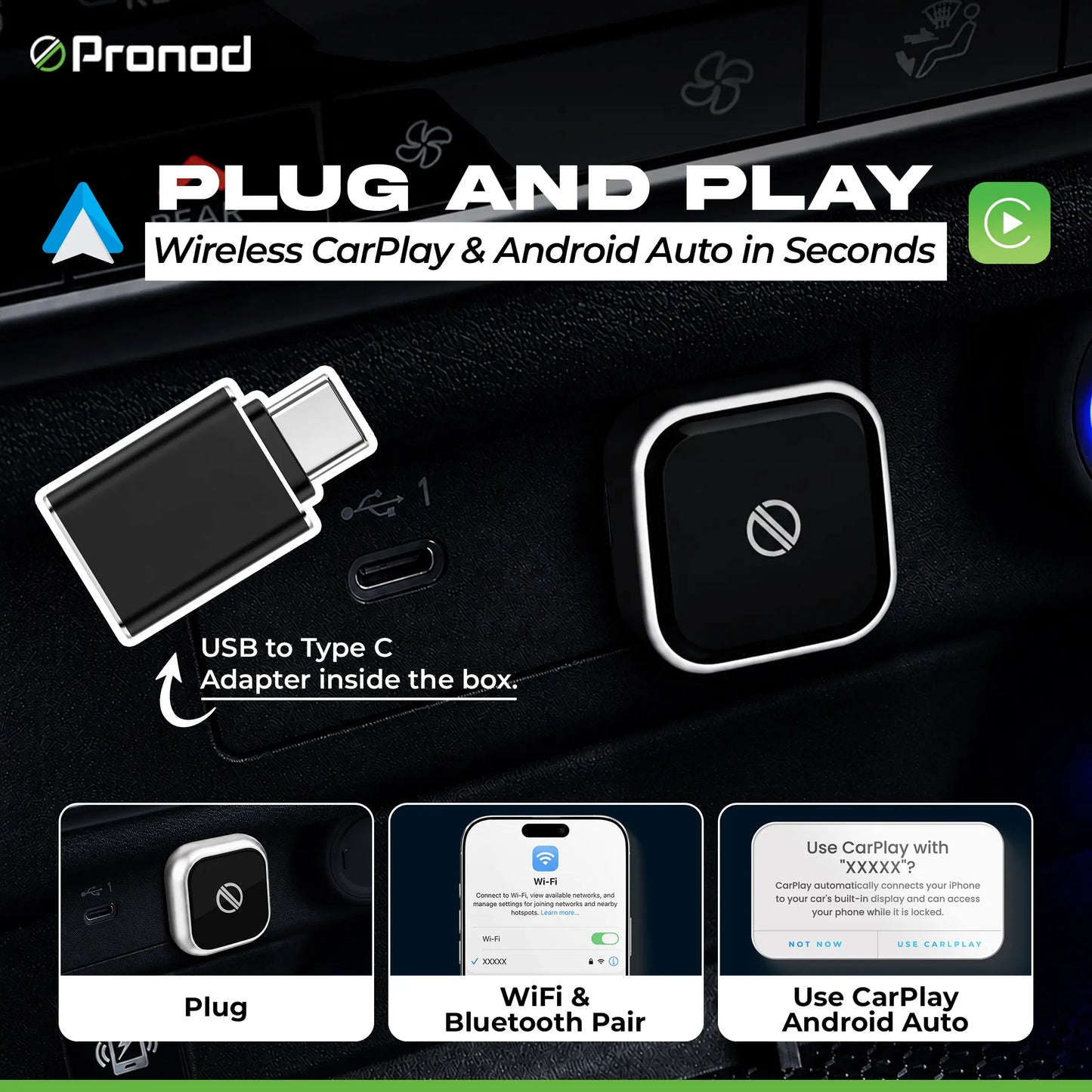 PRONOD Wireless CarPlay & Android Auto Adapter | Convert Factory Wired CarPlay to Wireless | Fast Bluetooth & 5GHz WiFi | Auto Reconnect | USB & Type-C | Plug & Play | Compatible with iPhone iOS