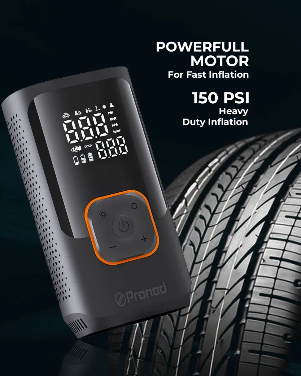 Pronod Portable Tyre Inflator for Car and Bike | Tyre Inflator Kit Works |LED Display, 150 PSI, 4000 Mah Battery, Fast Inflation Pressure Detection air Pump Compressor for Cycles, Balls -12m Warranty