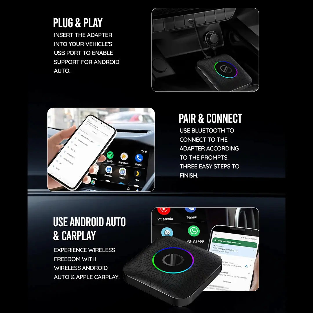 PRONOD AI Box Wireless Carplay Adapter | Stream YouTube, Netflix, Hotstar with Android Auto Wireless Adapter in Car Screen | Qualcomm Octacore, Android 13-4GB+64GB | Supports 4G Sim- Plug and Play