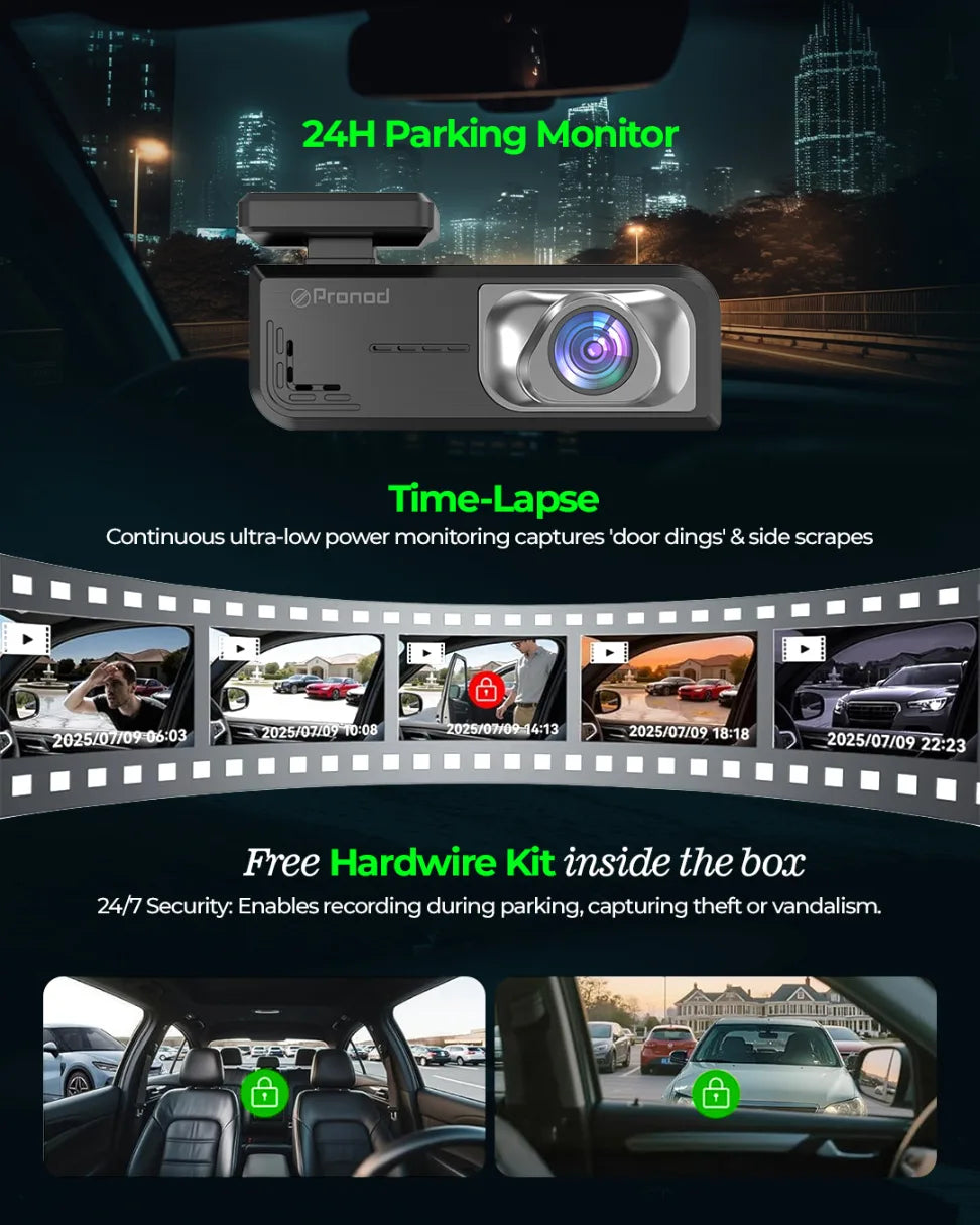 PRONOD Dashcam for Car | 1.5” Screen Night Vision, WiFi & App Control | G-Sensor, 24/7 Parking Mode, Loop Recording, Time-Lapse | Built-in Mic, 170° Wide Angle | Supports 512GB | Free Hardwire Kit