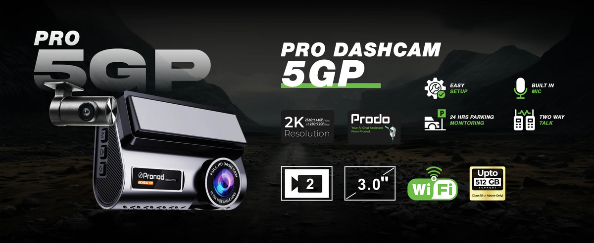 PRONOD Dash Cam for Car Front and Rear | Dashcam for Car with Mic | AI Voice Control, ADAS, Sensor, GPS Tracking, WiFi App, 24H Parking Mode, Supports 512GB (Pro_5GP)