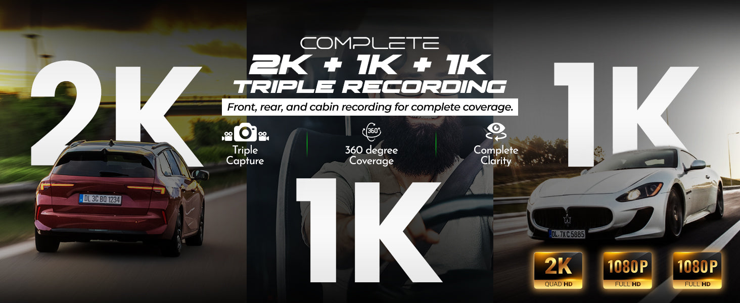 Pronod Pro Trio Cam 6K Triple Dash Cam for Car, Front 4K + Cabin 1K + Rear 1K Recording, AI License Plate Recognition, IR Night Vision, 185° Wide Angle, WiFi, Parking Monitor, 256GB