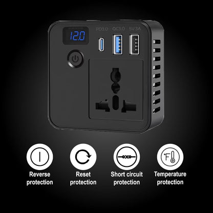 PRONOD Car Laptop Charger 150W Power Inverter, DC 12V to AC 220V, PD 30W USB-C & QC 3.0 USB Ports, Dual USB, Universal Socket, LED Voltage Display, Multi-Protection AC Converter