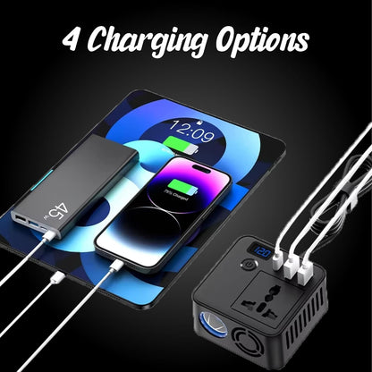 PRONOD Car Laptop Charger 150W Power Inverter, DC 12V to AC 220V, PD 30W USB-C & QC 3.0 USB Ports, Dual USB, Universal Socket, LED Voltage Display, Multi-Protection AC Converter