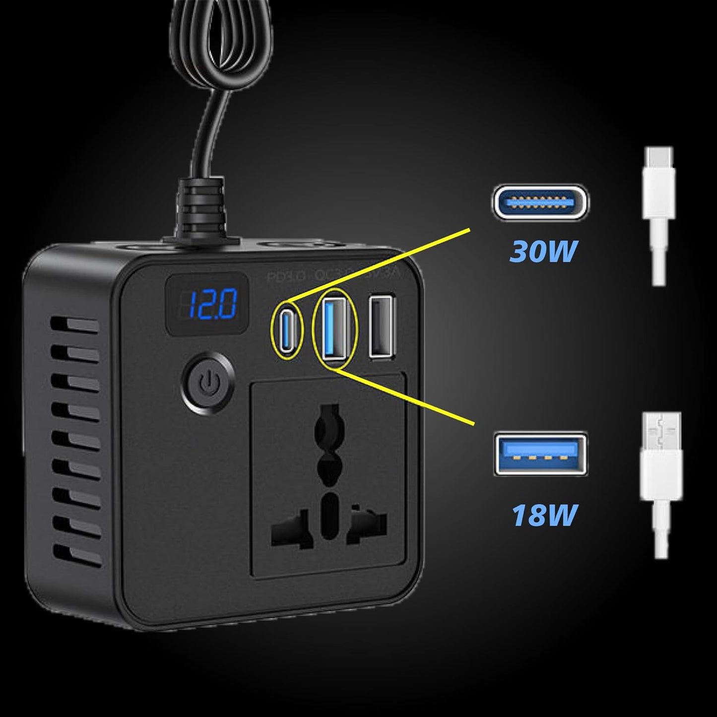 PRONOD Car Laptop Charger 150W Power Inverter, DC 12V to AC 220V, PD 30W USB-C & QC 3.0 USB Ports, Dual USB, Universal Socket, LED Voltage Display, Multi-Protection AC Converter