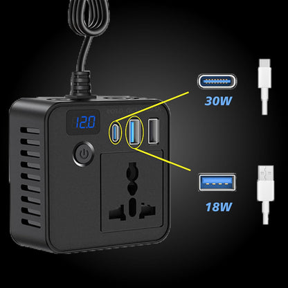 PRONOD Car Laptop Charger 150W Power Inverter, DC 12V to AC 220V, PD 30W USB-C & QC 3.0 USB Ports, Dual USB, Universal Socket, LED Voltage Display, Multi-Protection AC Converter