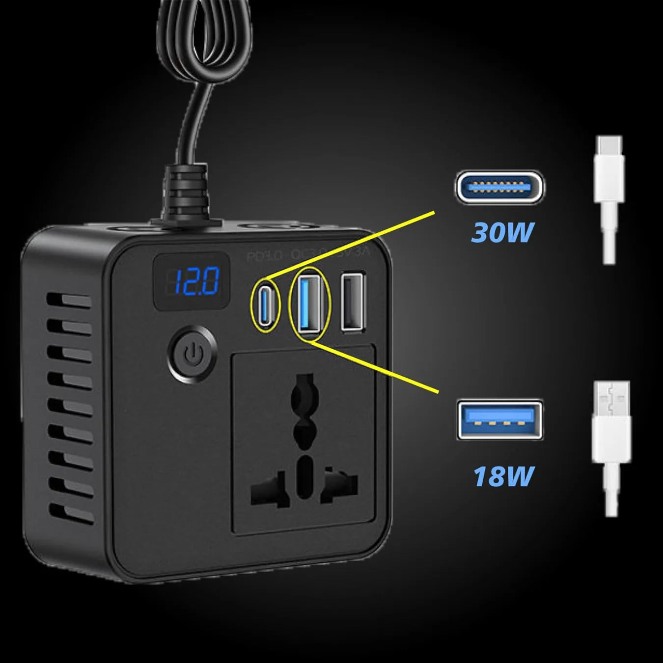 PRONOD Car Laptop Charger 150W Power Inverter, DC 12V to AC 220V, PD 30W USB-C & QC 3.0 USB Ports, Dual USB, Universal Socket, LED Voltage Display, Multi-Protection AC Converter