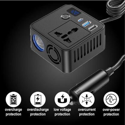 PRONOD Car Laptop Charger 150W Power Inverter, DC 12V to AC 220V, PD 30W USB-C & QC 3.0 USB Ports, Dual USB, Universal Socket, LED Voltage Display, Multi-Protection AC Converter