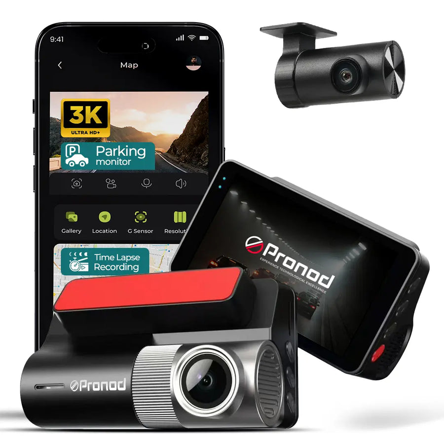 PRONOD Car Dash Camera Front and Rear | 2K + 1K Dual Recording | WiFi Dashcam with App, 3" IPS Display, Built-in Mic, Night Vision, G-Sensor | 24H Parking Mode | Supports 512GB