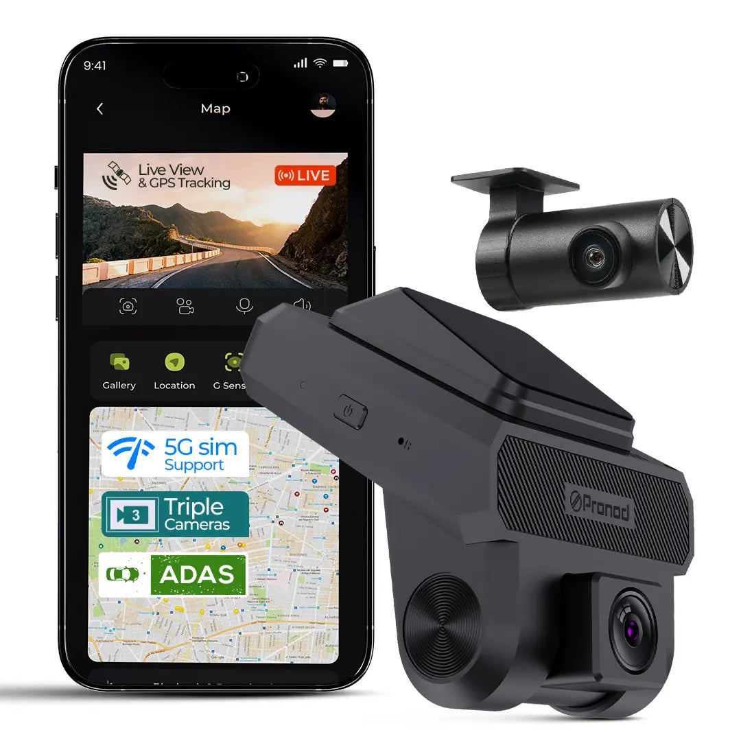 PRONOD 4GX 1K+720P+720P Dash Cam for Car Front and Rear | Dashcam for Car with Mic | Night Vision, G-Sensor, ADAS | SOS Button, Driver Monitoring System | Live GPS Tracking, Supports 512GB