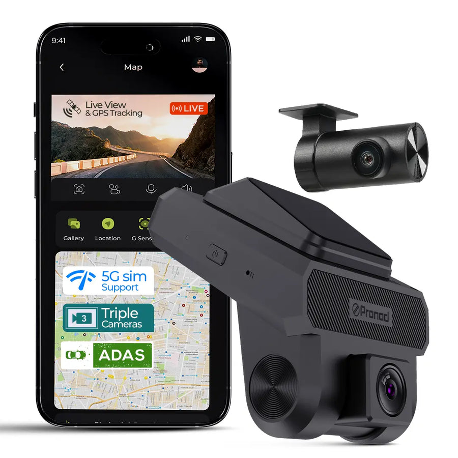 PRONOD 4GX 1K+720P+720P Dash Cam for Car Front and Rear | Dashcam for Car with Mic | Night Vision, G-Sensor, ADAS | SOS Button, Driver Monitoring System | Live GPS Tracking, Supports 512GB