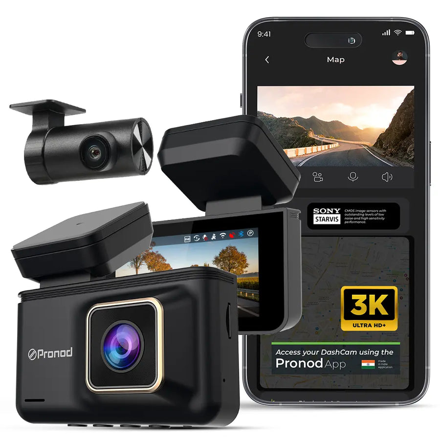 PRONOD 3K (2K+1K) Dash Cam for Car Front and Rear | Dashcam for Car with Mic | AI Voice Control, ADAS, Sensor, GPS Tracking, WiFi App, 24H Parking Mode, Supports 512GB (X2)