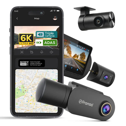 PRONOD 6K Triple Dash Cam for Car Front and Rear | Dashcam for Car with Mic | AI Voice Control, ADAS, 2.45" Display, Sony Starvis 2 Sensor, GPS Tracking, WiFi App, 24H Parking Mode, Supports 512GB
