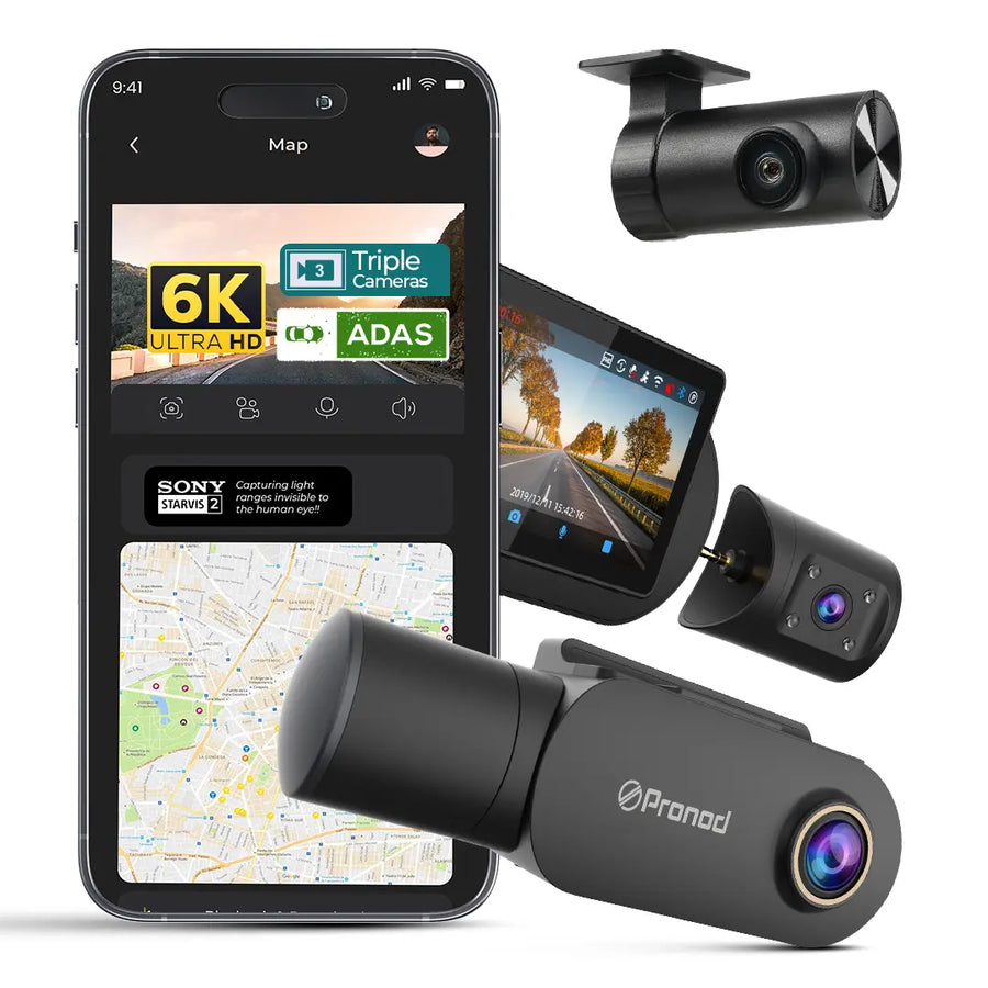 PRONOD 6K Triple Dash Cam for Car Front and Rear | Dashcam for Car with Mic | AI Voice Control, ADAS, 2.45" Display, Sony Starvis 2 Sensor, GPS Tracking, WiFi App, 24H Parking Mode, Supports 512GB
