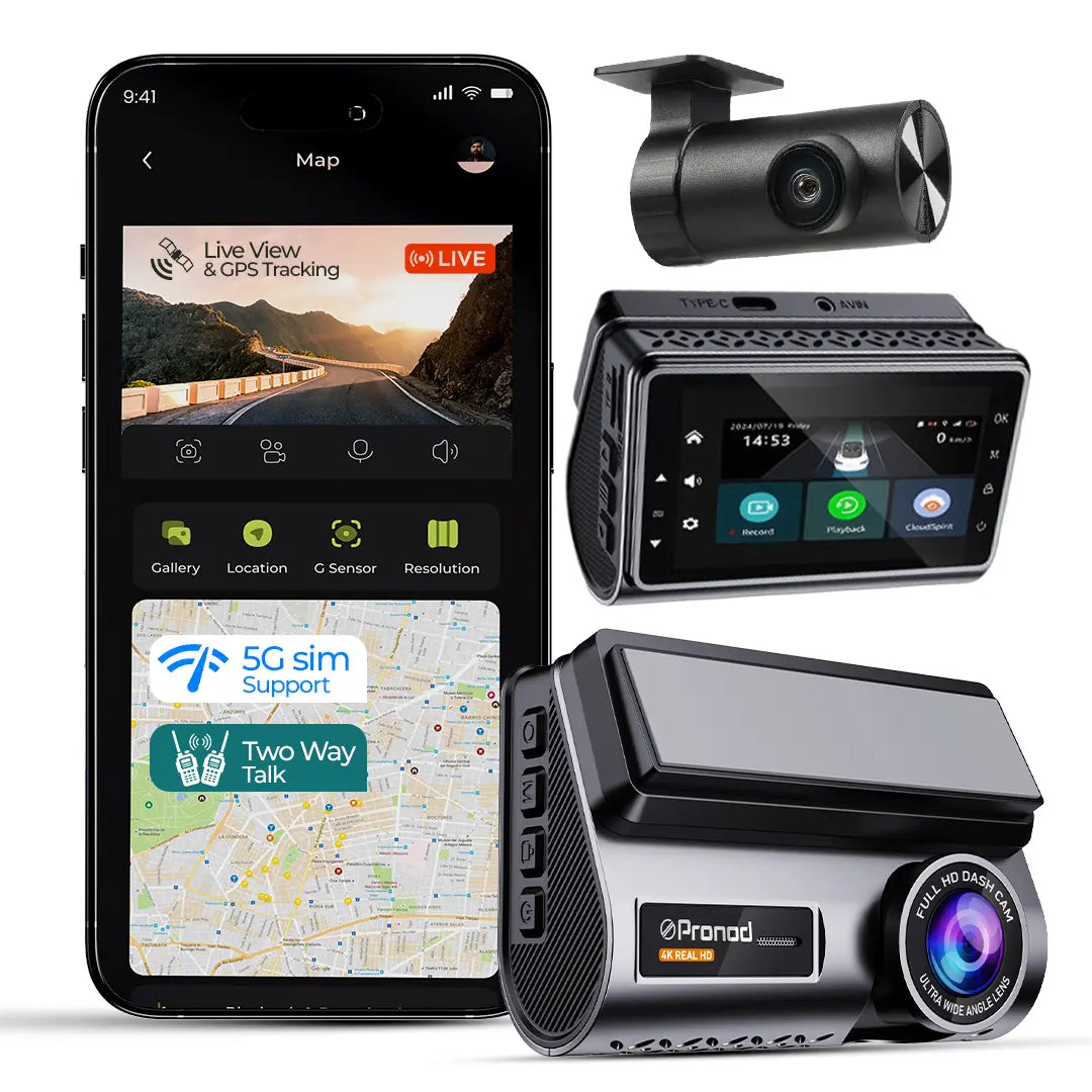 PRONOD Dash Cam for Car Front and Rear | Dashcam for Car with Mic | AI Voice Control, ADAS, Sensor, GPS Tracking, WiFi App, 24H Parking Mode, Supports 512GB (Pro_5GP)