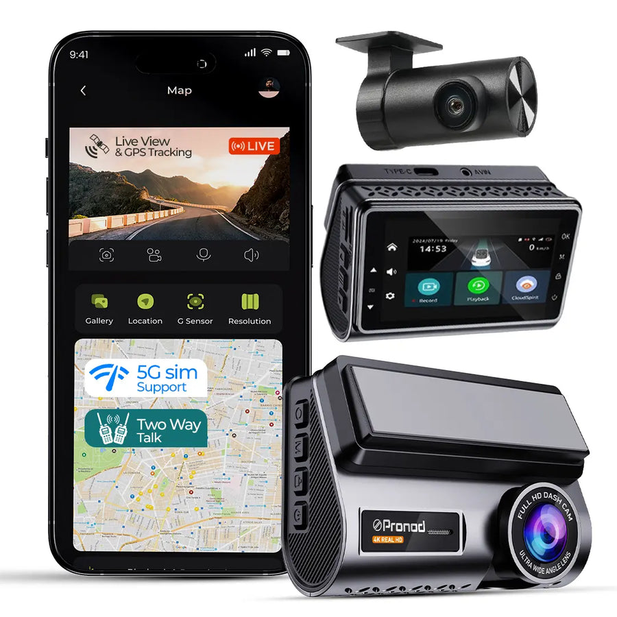 PRONOD Dash Cam for Car Front and Rear | Dashcam for Car with Mic | AI Voice Control, ADAS, Sensor, GPS Tracking, WiFi App, 24H Parking Mode, Supports 512GB (Pro_5GP)