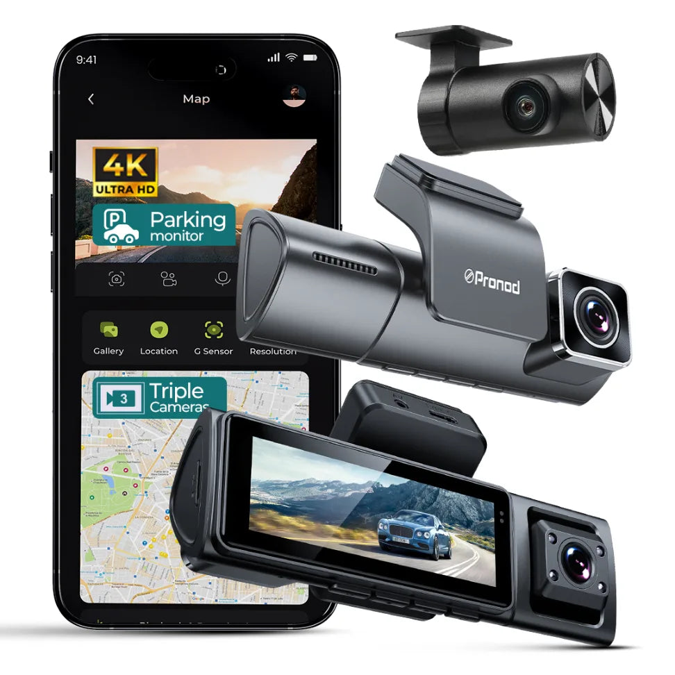 PRONOD 4K 3 Channel Dash Cam for Car Front, Rear & Cabin | UHD Dashcam with GPS, WiFi App Control & Night Vision | 3.2” IPS Screen, Built-in Mic, 24H Parking Monitor | Supports 512GB