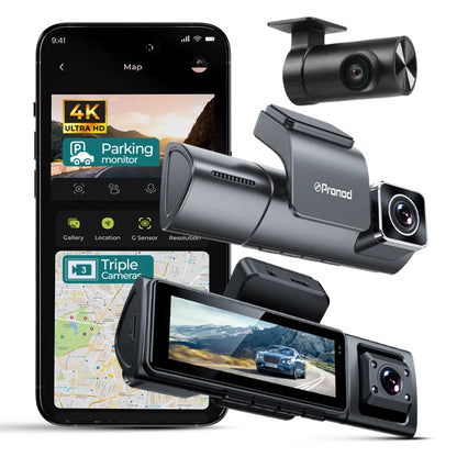 PRONOD 4K 3 Channel Dash Cam for Car Front, Rear & Cabin | UHD Dashcam with GPS, WiFi App Control & Night Vision | 3.2” IPS Screen, Built-in Mic, 24H Parking Monitor | Supports 512GB