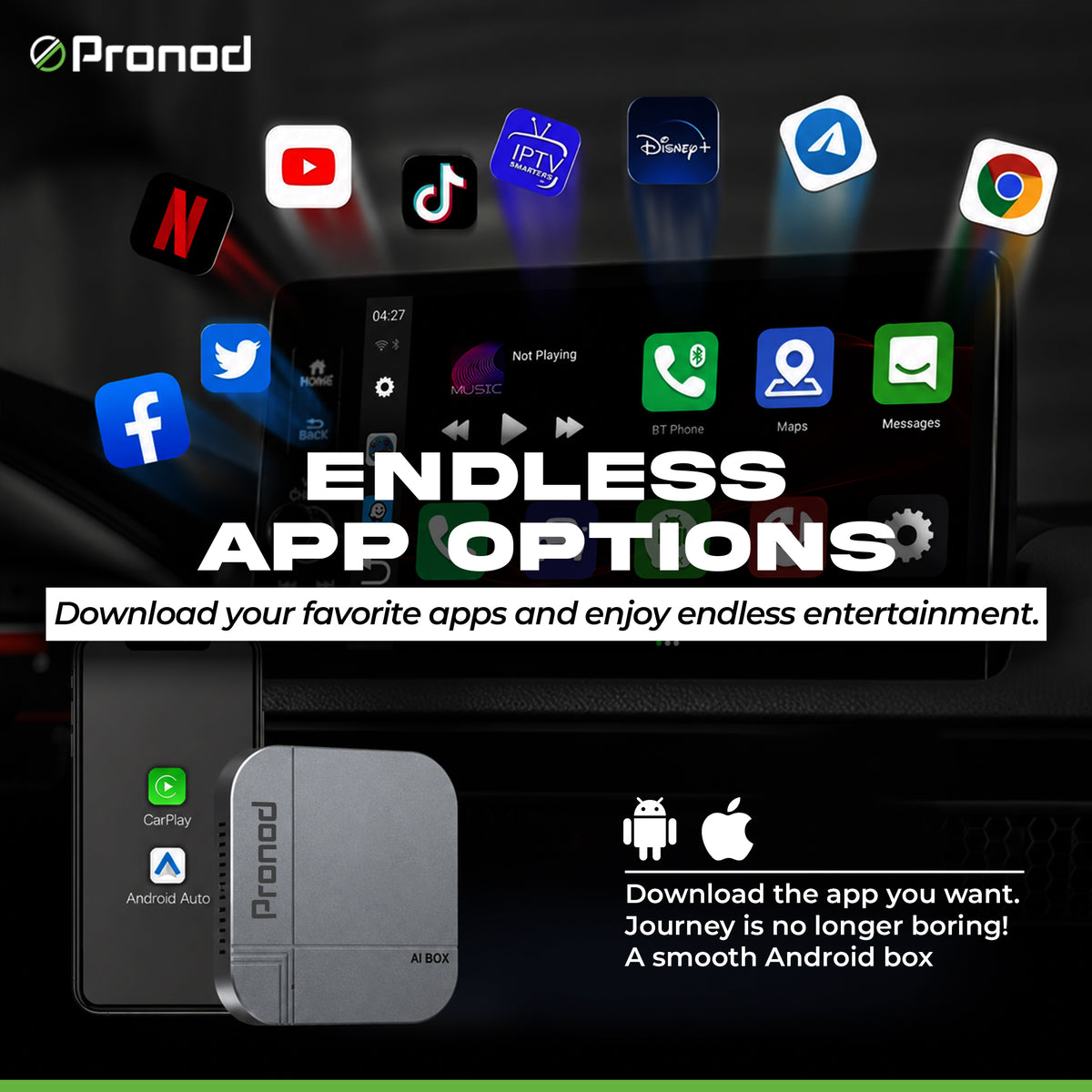 PRONOD AI Box Blaze Edition Wireless CarPlay Adapter | Android 13 Multimedia Box | Quad-Core Processor | 4GB RAM + 32GB Storage | YouTube, Netflix & Hotstar | Plug & Play