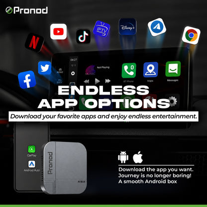PRONOD AI Box Blaze Edition Wireless CarPlay Adapter | Android 13 Multimedia Box | Quad-Core Processor | 4GB RAM + 32GB Storage | YouTube, Netflix & Hotstar | Plug & Play