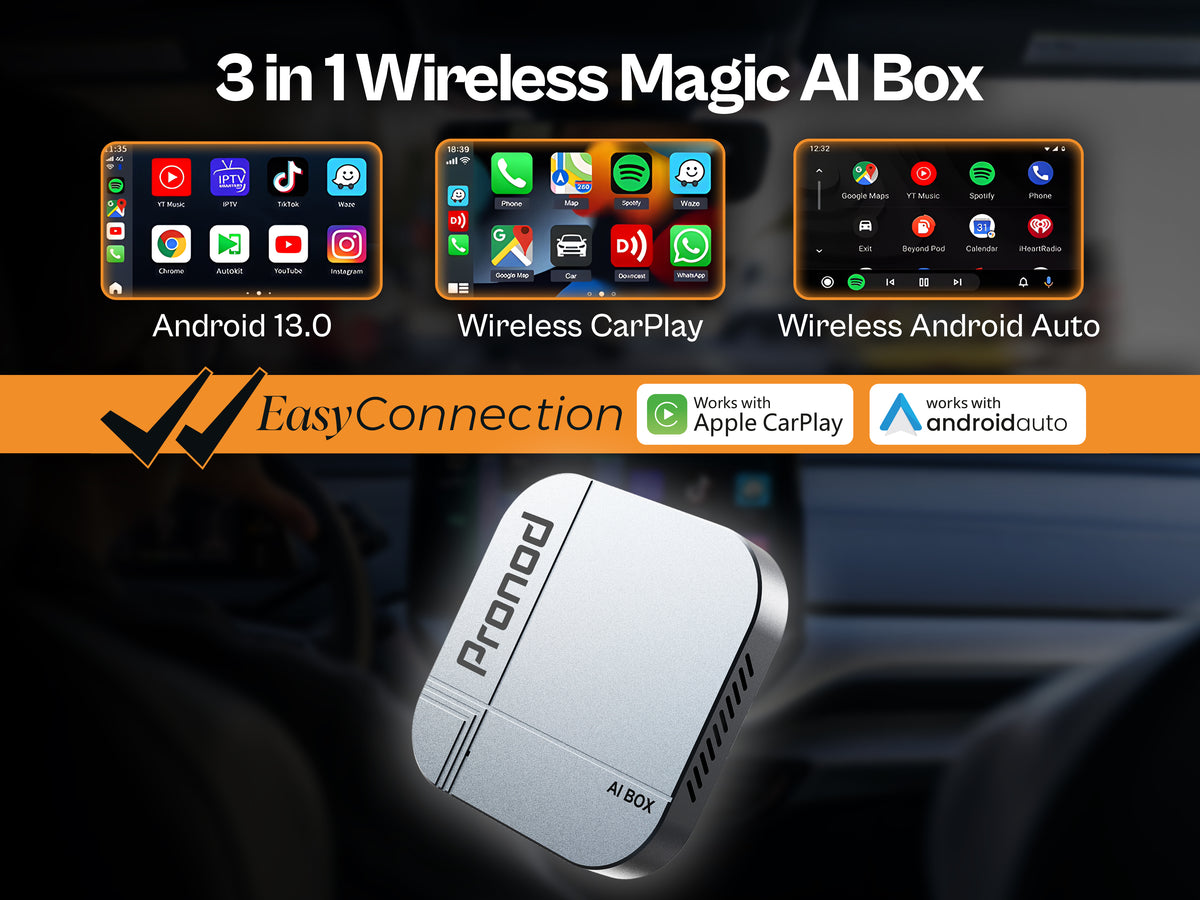 PRONOD AI Box Blaze Edition Wireless CarPlay Adapter | Android 13 Multimedia Box | Quad-Core Processor | 4GB RAM + 32GB Storage | YouTube, Netflix & Hotstar | Plug & Play