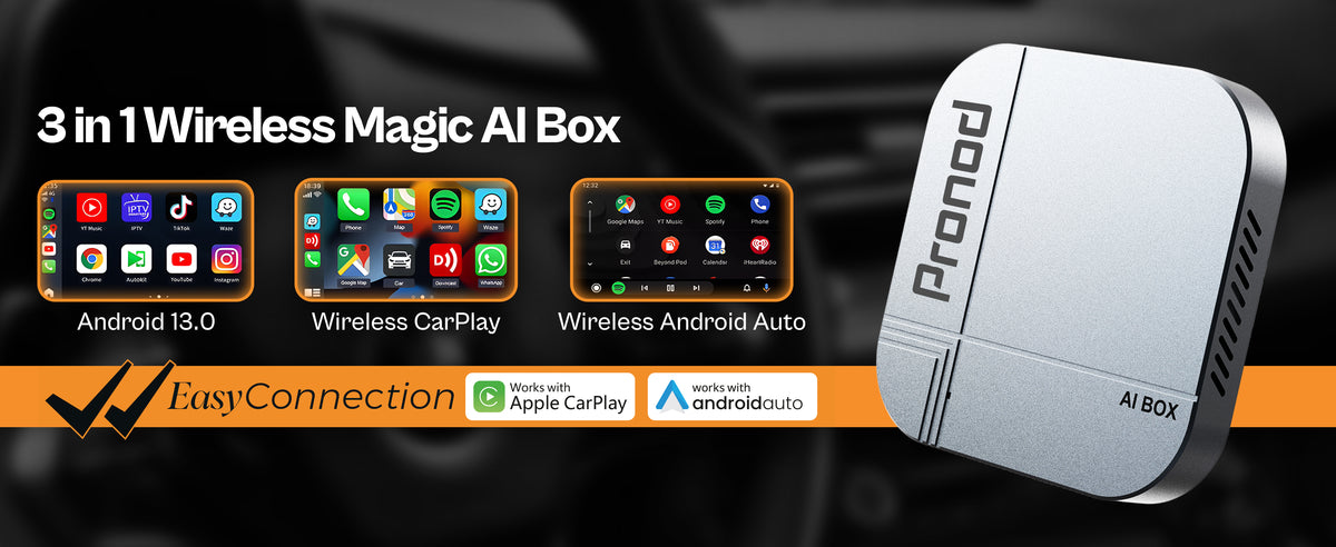 PRONOD AI Box Blaze Edition Wireless CarPlay Adapter | Android 13 Multimedia Box | Quad-Core Processor | 4GB RAM + 32GB Storage | YouTube, Netflix & Hotstar | Plug & Play