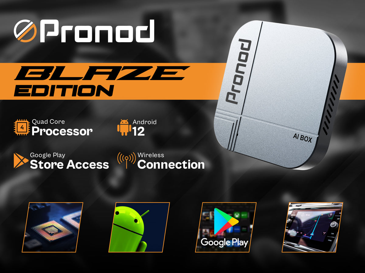 PRONOD AI Box Blaze Edition Wireless CarPlay Adapter | Android 13 Multimedia Box | Quad-Core Processor | 4GB RAM + 32GB Storage | YouTube, Netflix & Hotstar | Plug & Play