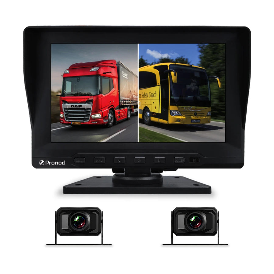 PRONOD BSD-2L Bus DVR Camera System, 2 Channel 1080P Cameras, 7 Inch IPS Display, 20M Cable, Starlight Night Vision, IP68 Waterproof, Wide Angle, 128GB SD Support, IR Remote Control