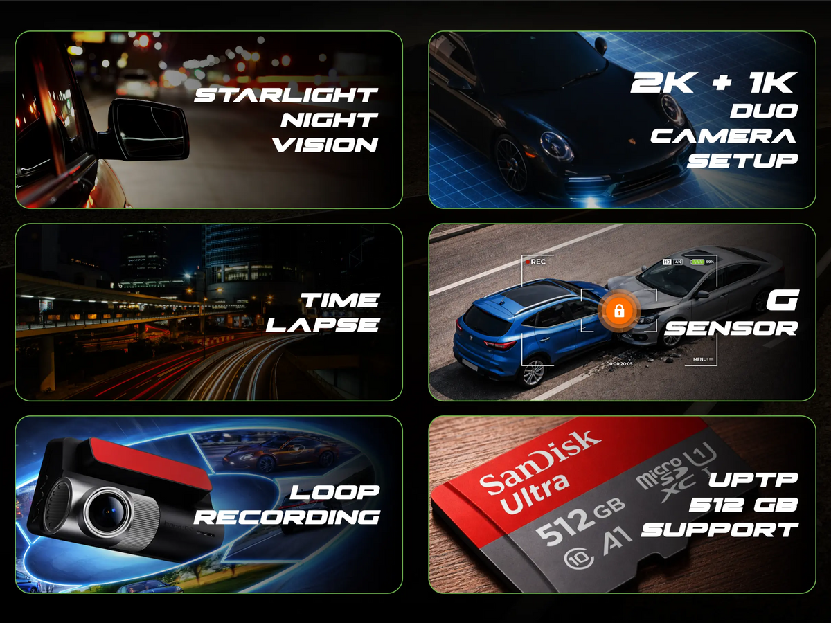 PRONOD Car Dash Camera Front and Rear | 2K + 1K Dual Recording | WiFi Dashcam with App, 3" IPS Display, Built-in Mic, Night Vision, G-Sensor | 24H Parking Mode | Supports 512GB