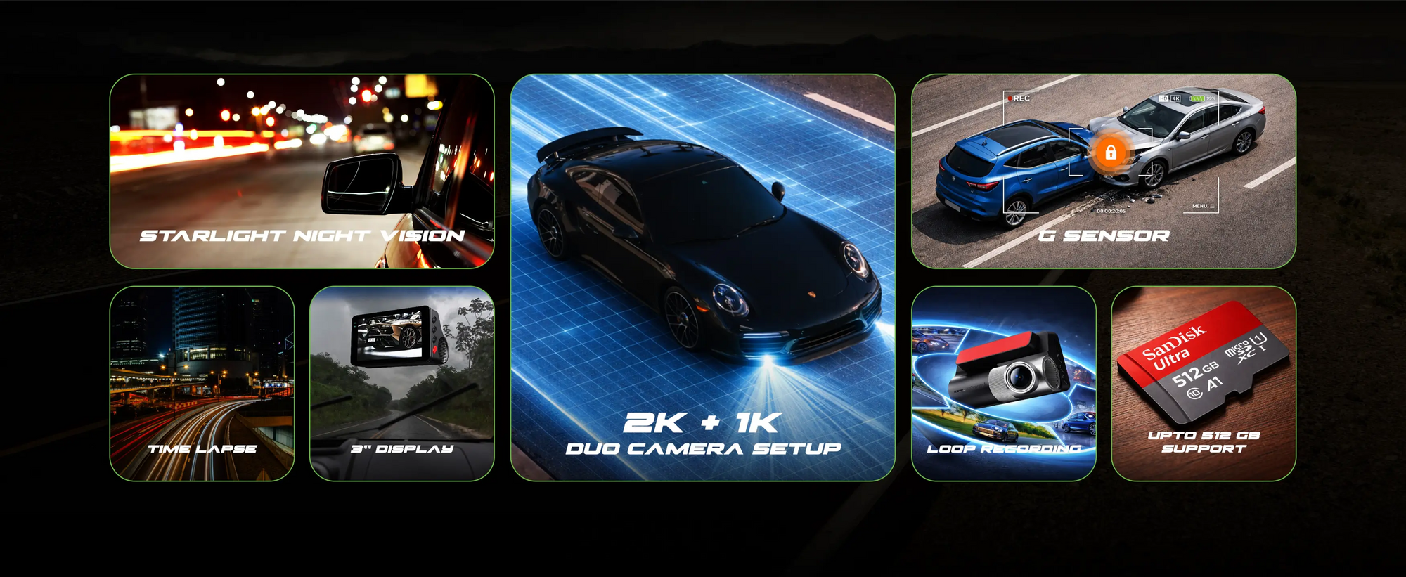PRONOD Car Dash Camera Front and Rear | 2K + 1K Dual Recording | WiFi Dashcam with App, 3" IPS Display, Built-in Mic, Night Vision, G-Sensor | 24H Parking Mode | Supports 512GB