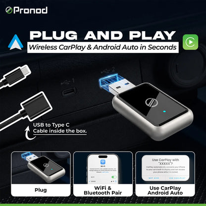 PRONOD NITRO Wireless CarPlay & Android Auto Adapter | Plug & Play | Bluetooth 5.4 + 5GHz Wi-Fi | Auto Reconnect | Supports iPhone (iOS 10+) & Android (Android 11+) | USB & Type-C Compatible