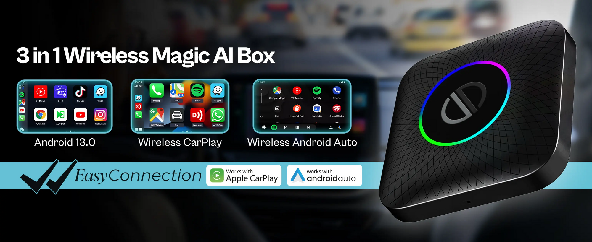 PRONOD AI Box Wireless Carplay Adapter | Stream YouTube, Netflix, Hotstar with Android Auto Wireless Adapter in Car Screen | Qualcomm Octacore, Android 13-4GB+64GB | Supports 4G Sim- Plug and Play