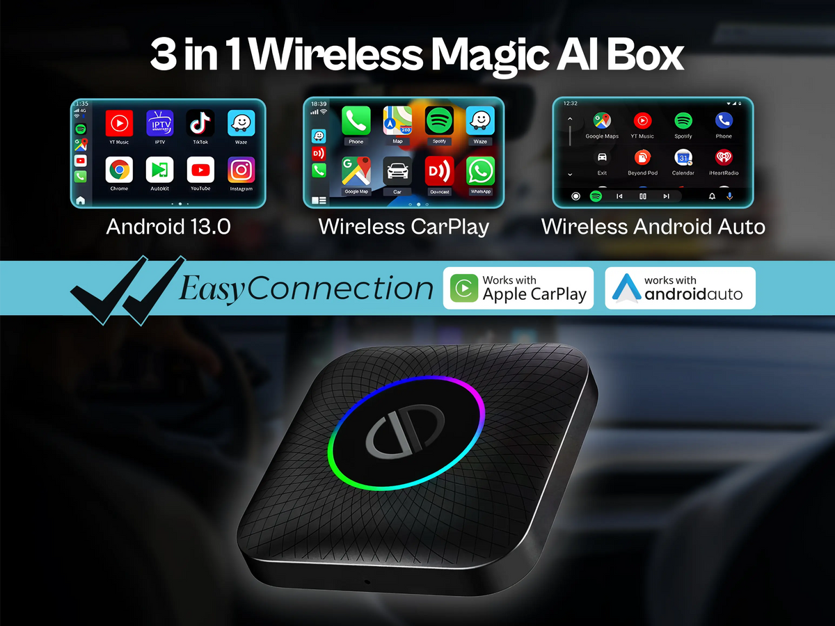 PRONOD AI Box Wireless Carplay Adapter | Stream YouTube, Netflix, Hotstar with Android Auto Wireless Adapter in Car Screen | Qualcomm Octacore, Android 13-4GB+64GB | Supports 4G Sim- Plug and Play