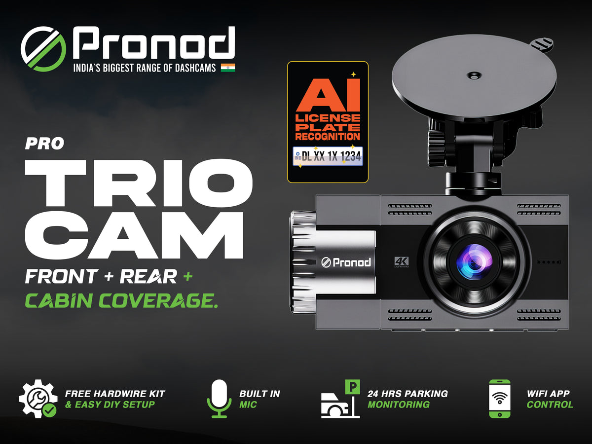 Pronod Pro Trio Cam 6K Triple Dash Cam for Car, Front 4K + Cabin 1K + Rear 1K Recording, AI License Plate Recognition, IR Night Vision, 185° Wide Angle, WiFi, Parking Monitor, 256GB