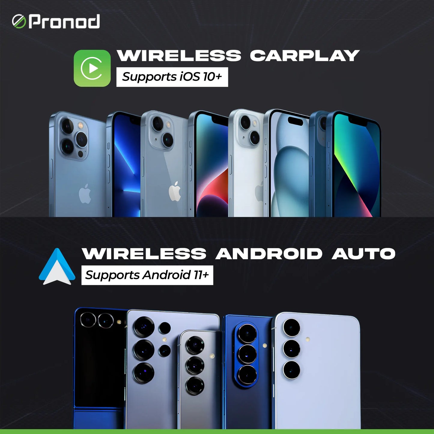 PRONOD Wireless CarPlay & Android Auto Adapter | Convert Factory Wired CarPlay to Wireless | Fast Bluetooth & 5GHz WiFi | Auto Reconnect | USB & Type-C | Plug & Play | Compatible with iPhone iOS