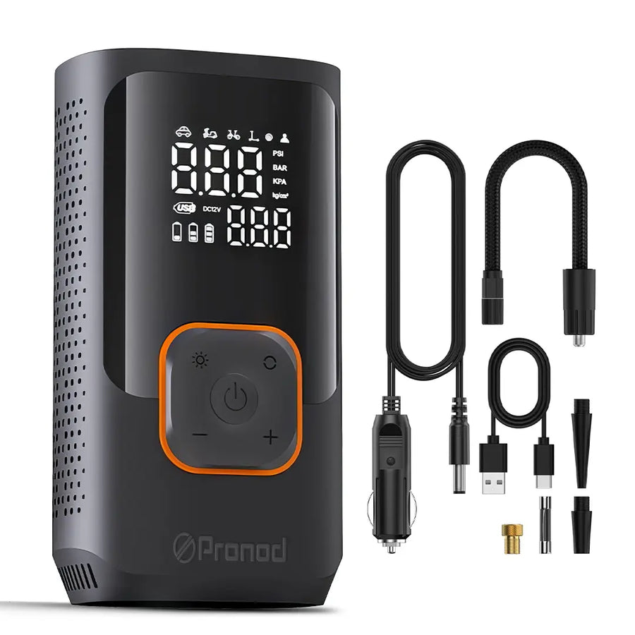 Pronod Portable Tyre Inflator for Car and Bike | Tyre Inflator Kit Works |LED Display, 150 PSI, 4000 Mah Battery, Fast Inflation Pressure Detection air Pump Compressor for Cycles, Balls -12m Warranty