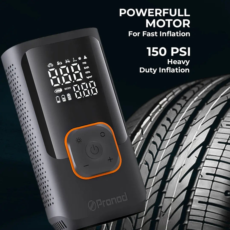 Pronod Portable Tyre Inflator for Car and Bike | Tyre Inflator Kit Works |LED Display, 150 PSI, 4000 Mah Battery, Fast Inflation Pressure Detection air Pump Compressor for Cycles, Balls -12m Warranty