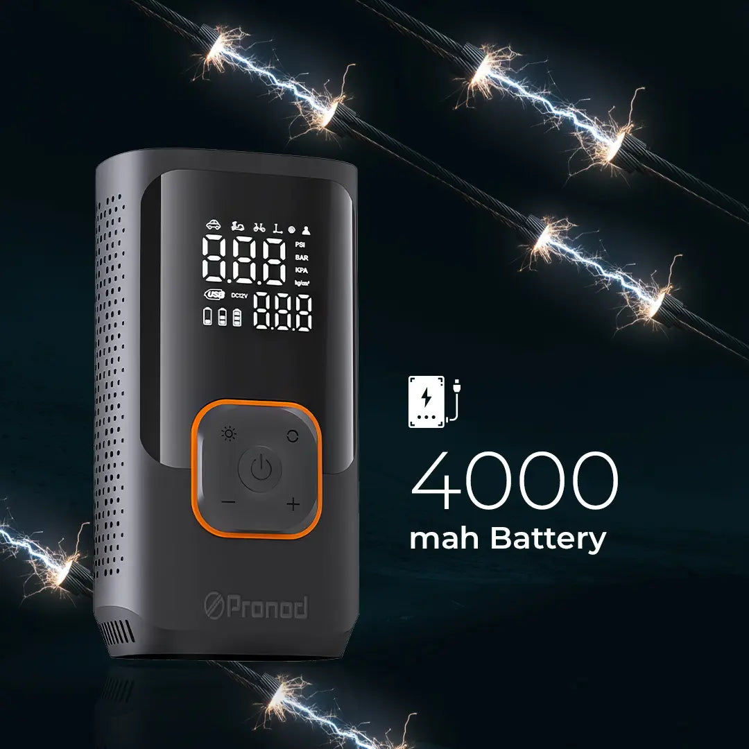 Pronod Portable Tyre Inflator for Car and Bike | Tyre Inflator Kit Works |LED Display, 150 PSI, 4000 Mah Battery, Fast Inflation Pressure Detection air Pump Compressor for Cycles, Balls -12m Warranty