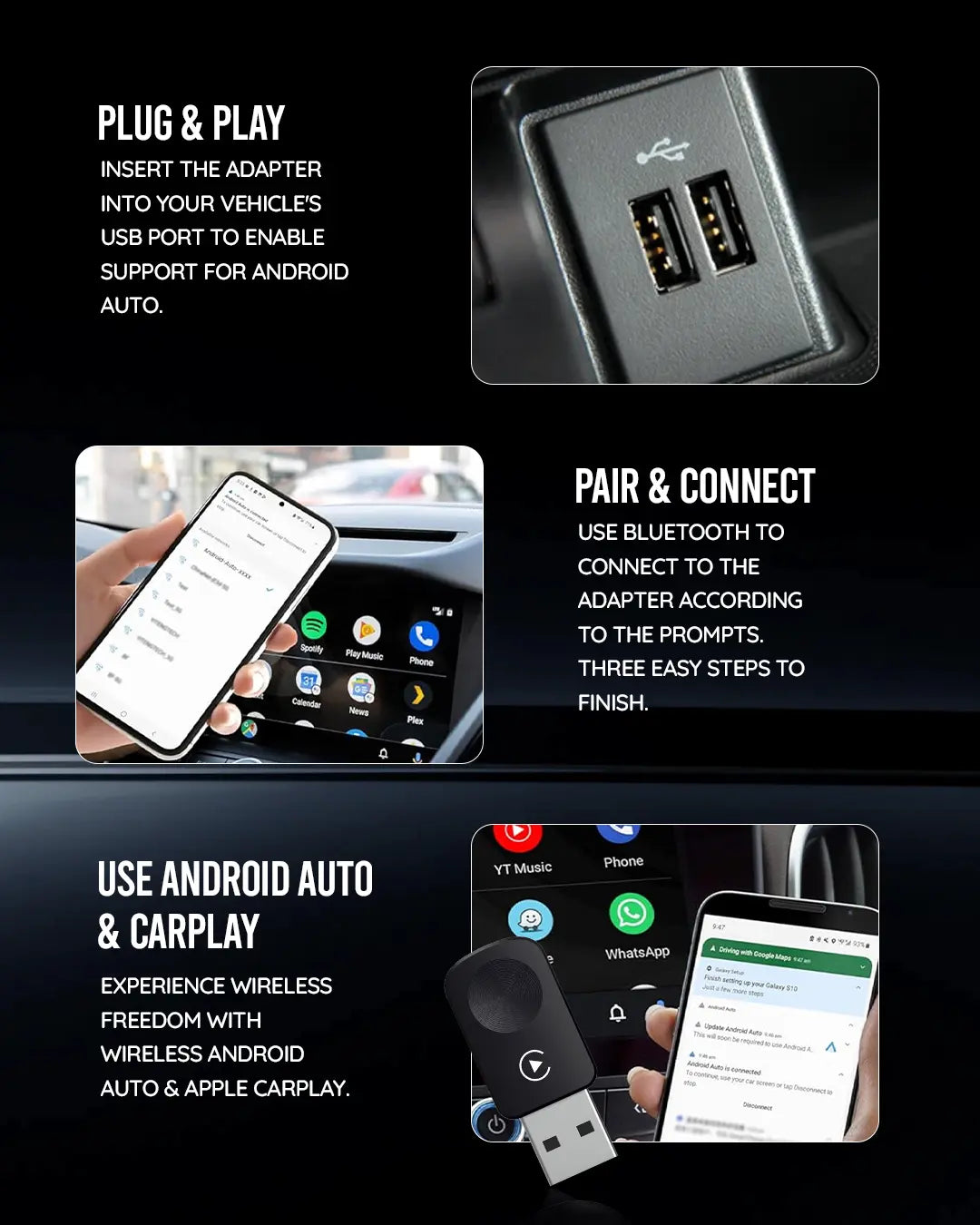 PRONOD REVV Wireless CarPlay & Android Auto Adapter | Converts Wired CarPlay & Android Auto to Wireless | Plug & Play | Auto Reconnect | Bluetooth & 5GHz Wi-Fi | USB Adapter for Factory CarPlay Vehicles