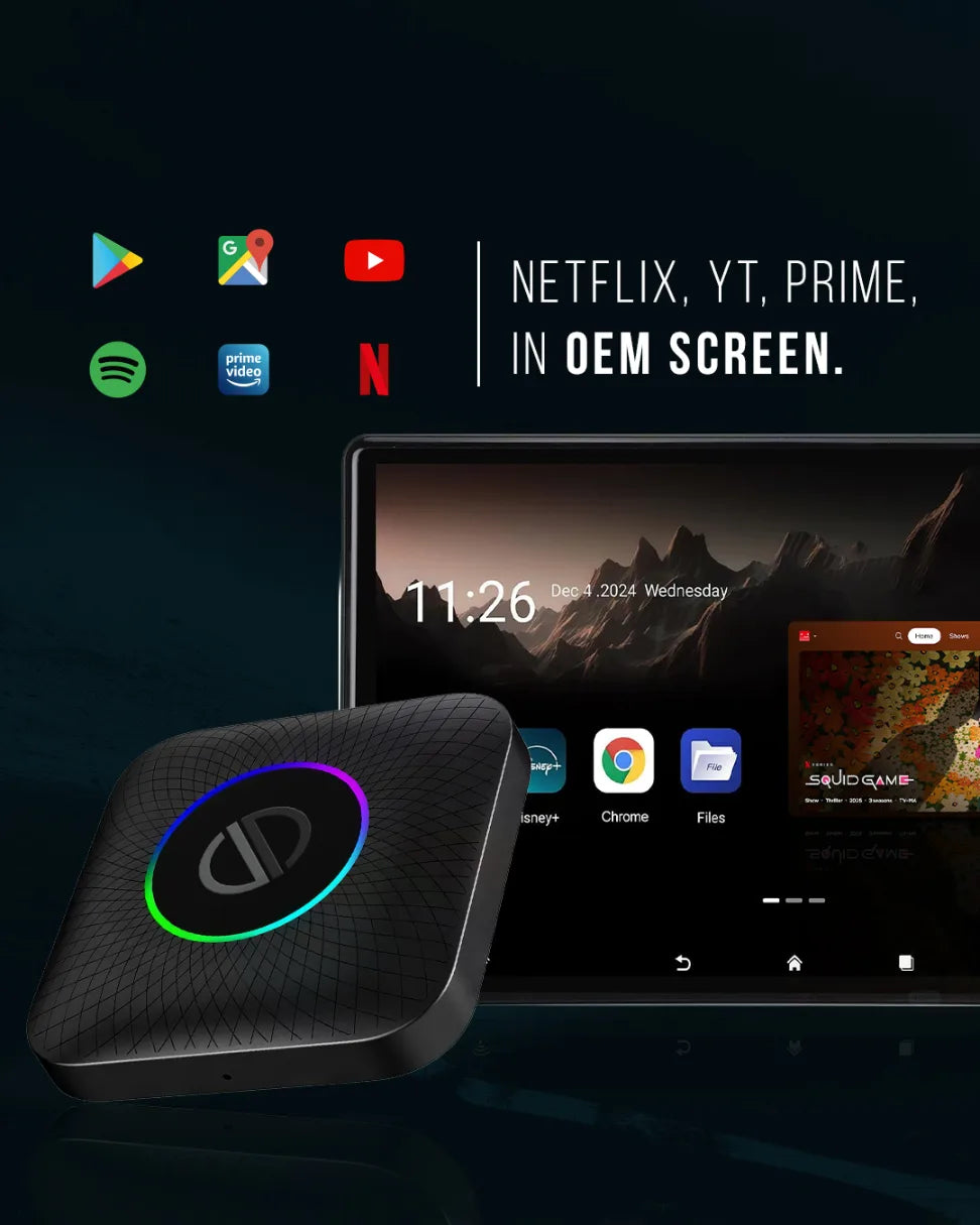 PRONOD AI Box Wireless Carplay Adapter | Stream YouTube, Netflix, Hotstar with Android Auto Wireless Adapter in Car Screen | Qualcomm Octacore, Android 13-4GB+64GB | Supports 4G Sim- Plug and Play