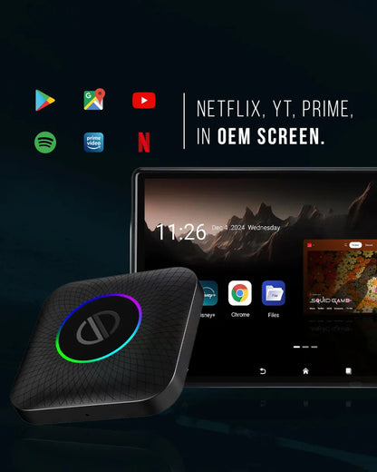 PRONOD AI Box Wireless Carplay Adapter | Stream YouTube, Netflix, Hotstar with Android Auto Wireless Adapter in Car Screen | Qualcomm Octacore, Android 13-4GB+64GB | Supports 4G Sim- Plug and Play