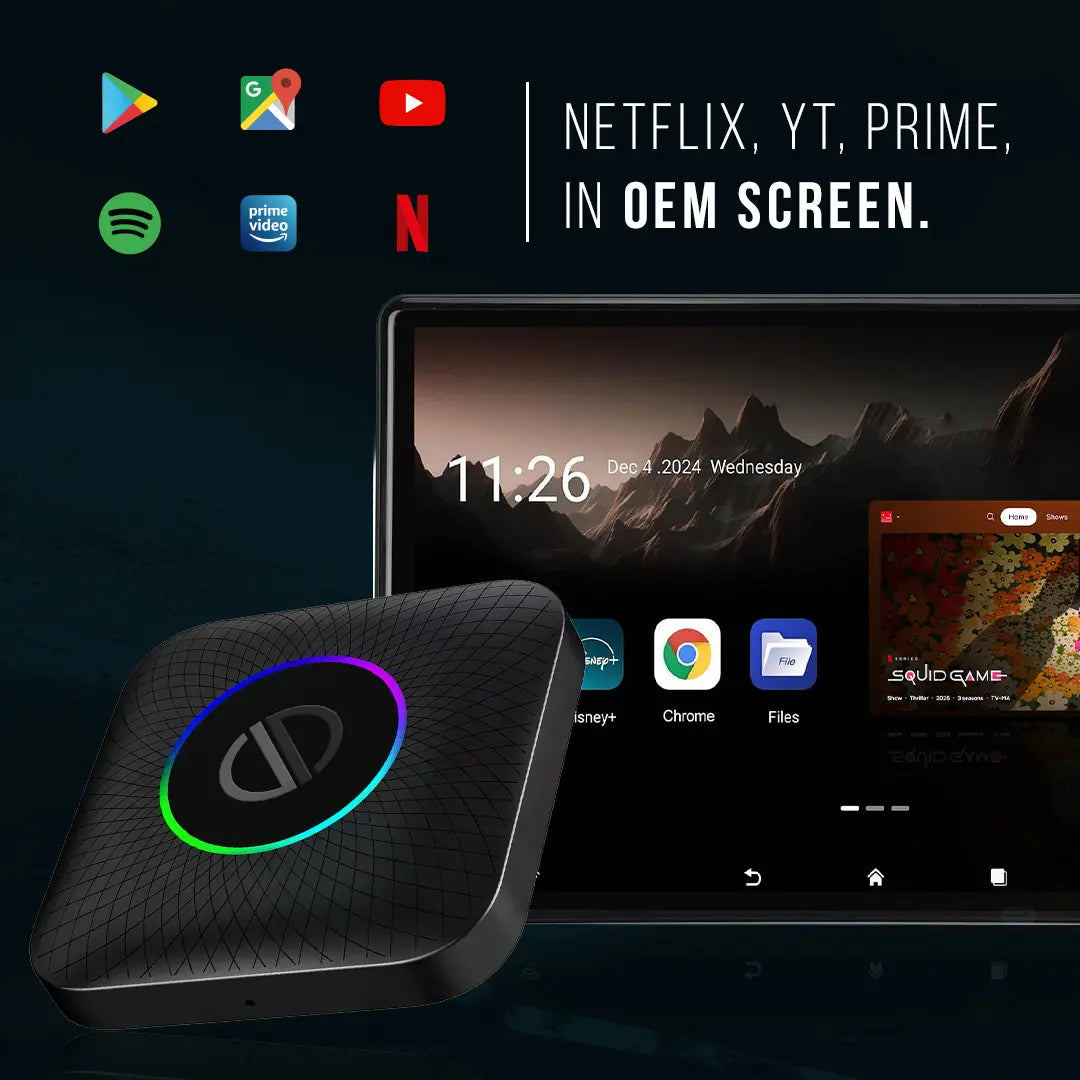 PRONOD AI Box Wireless Carplay Adapter | Stream YouTube, Netflix, Hotstar with Android Auto Wireless Adapter in Car Screen | Qualcomm Octacore, Android 13-4GB+64GB | Supports 4G Sim- Plug and Play