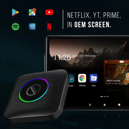 PRONOD AI Box Wireless Carplay Adapter | Stream YouTube, Netflix, Hotstar with Android Auto Wireless Adapter in Car Screen | Qualcomm Octacore, Android 13-4GB+64GB | Supports 4G Sim- Plug and Play