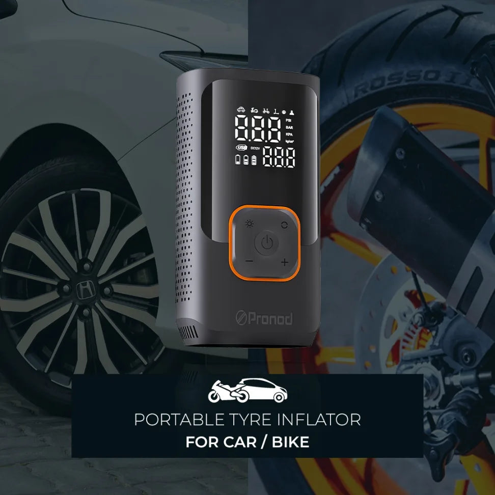 Pronod Portable Tyre Inflator for Car and Bike | Tyre Inflator Kit Works |LED Display, 150 PSI, 4000 Mah Battery, Fast Inflation Pressure Detection air Pump Compressor for Cycles, Balls -12m Warranty
