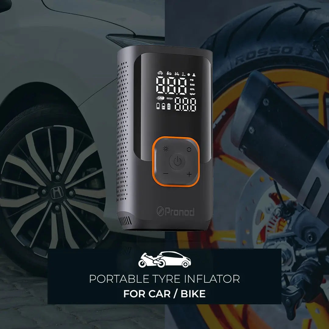 Pronod Portable Tyre Inflator for Car and Bike | Tyre Inflator Kit Works |LED Display, 150 PSI, 4000 Mah Battery, Fast Inflation Pressure Detection air Pump Compressor for Cycles, Balls -12m Warranty