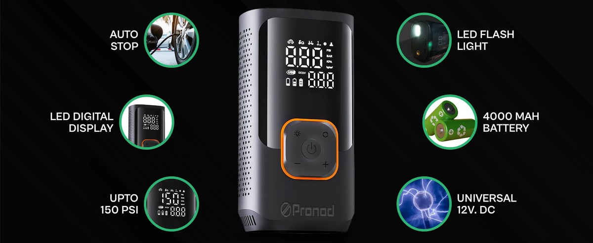 Pronod Portable Tyre Inflator for Car and Bike | Tyre Inflator Kit Works |LED Display, 150 PSI, 4000 Mah Battery, Fast Inflation Pressure Detection air Pump Compressor for Cycles, Balls -12m Warranty