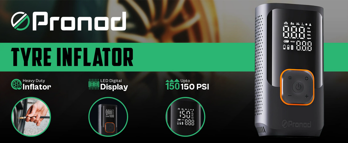 Pronod Portable Tyre Inflator for Car and Bike | Tyre Inflator Kit Works |LED Display, 150 PSI, 4000 Mah Battery, Fast Inflation Pressure Detection air Pump Compressor for Cycles, Balls -12m Warranty