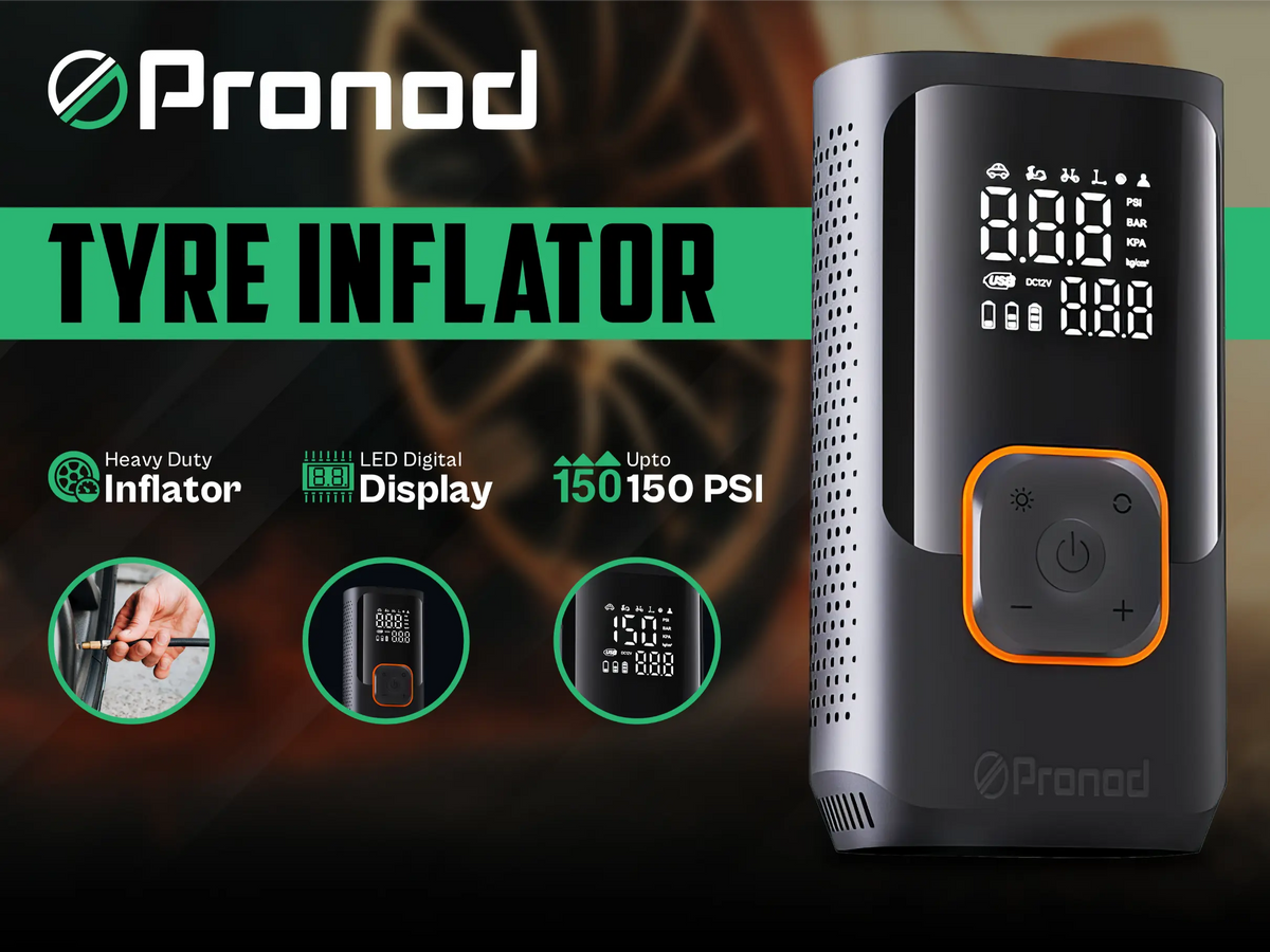 Pronod Portable Tyre Inflator for Car and Bike | Tyre Inflator Kit Works |LED Display, 150 PSI, 4000 Mah Battery, Fast Inflation Pressure Detection air Pump Compressor for Cycles, Balls -12m Warranty
