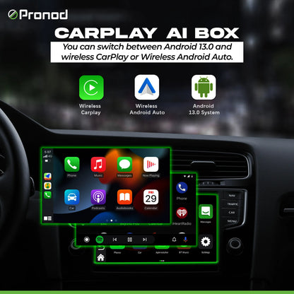 PRONOD VORTEX Wireless CarPlay AI Box | Android 13 | Qualcomm Snapdragon SM6225 Octa-Core | 4GB RAM + 64GB ROM | Wireless Apple CarPlay & Android Auto | Plug & Play | Supports OTT Apps & GPS