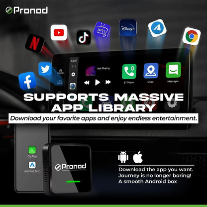 PRONOD VORTEX Wireless CarPlay AI Box | Android 13 | Qualcomm Snapdragon SM6225 Octa-Core | 4GB RAM + 64GB ROM | Wireless Apple CarPlay & Android Auto | Plug & Play | Supports OTT Apps & GPS
